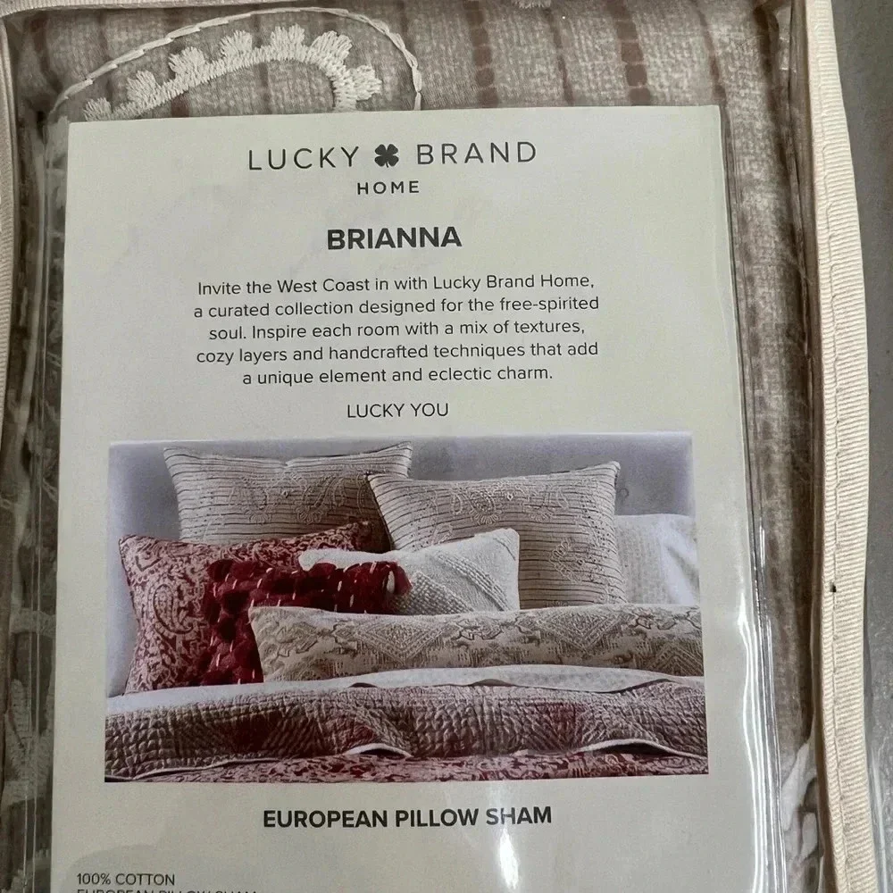 LUCKY BRAND Brianna European Pillow Sham 2 Pk 100% Cotton Embroidery Decorative